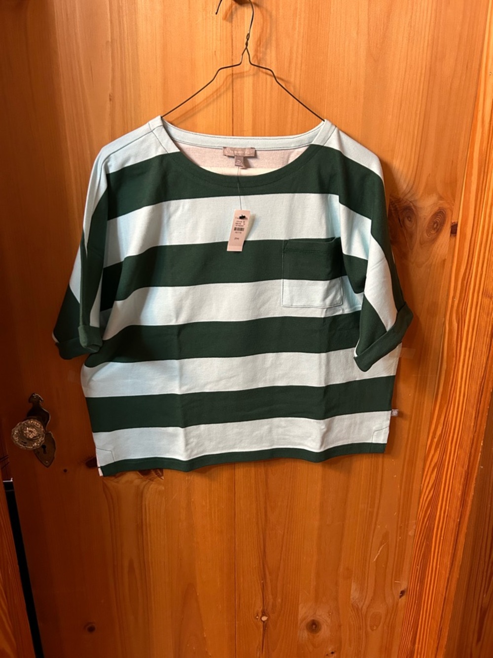 Talbots Boxy Wide Stripe Tee in Forest Green and Light Mint